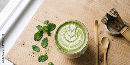 Beautifully poured iced matcha latte with latte art in a double wall glass