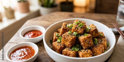 Crispy fried tofu cubes with sesame seeds and sweet chili dipping sauce