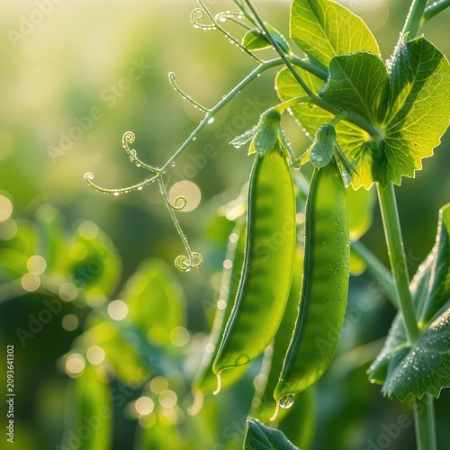 A detailed close-up shot of vibrant green pea pods hanging from a lush vine in a sunny field, featuring intricate tendrils and dew drops, botany, agriculture, harvest