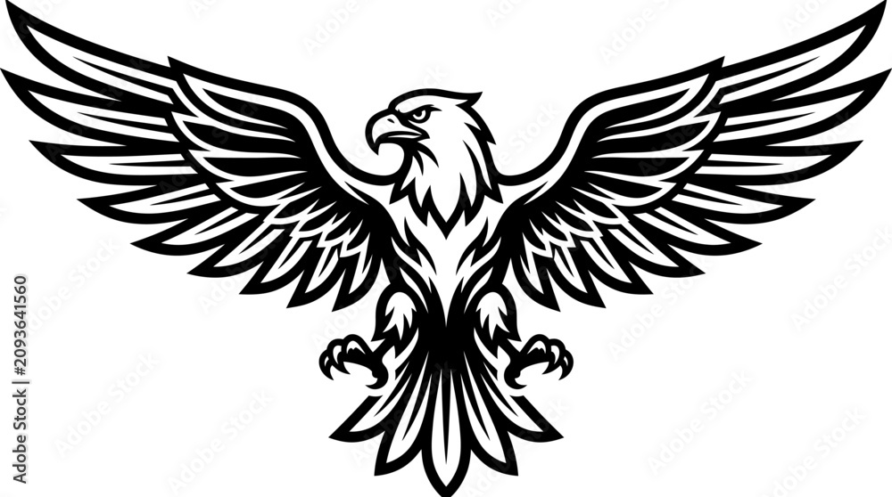 Obraz premium Eagle with Spread Wings Tattoo Vector Design, Black Silhouette Bird Illustration Symbolizing Freedom, Flight and Wildlife Art