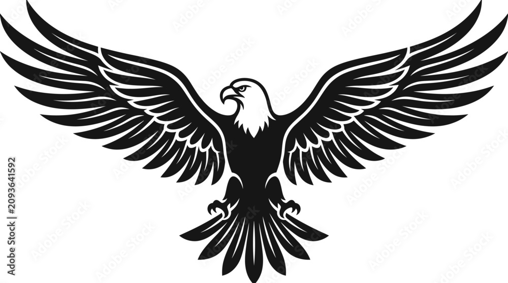 Obraz premium Majestic Eagle with Spread Wings Silhouette Vector Illustration Symbolizing Freedom, Flight, Nature, Wildlife and Tribal Tattoo Design