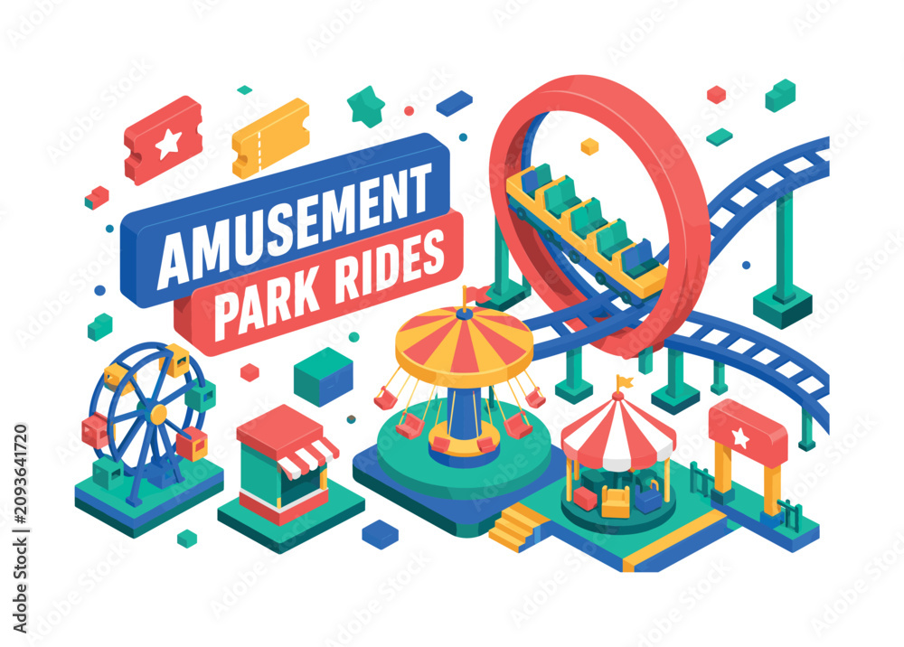 Naklejka premium Amusement Park Rides, oversized roller coaster loop with bold geometric depth, carnival platforms and floating ticket blocks, asymmetric editorial layout, coral and warm yellow with electric blue and