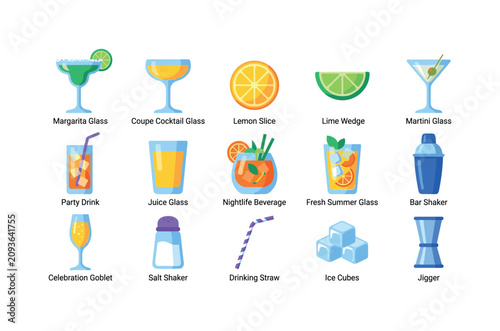 Margarita Cocktail Glass, bright flat vector icon set with 15 colorful isolated object icons showing margarita glass, cocktail glass, lemon slice, lime wedge, martini glass, party drink, juice glass,