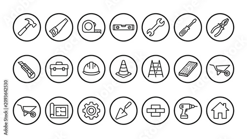 Woodworking and Construction Outline Collection for Carpenter Tools and Safety Equipment