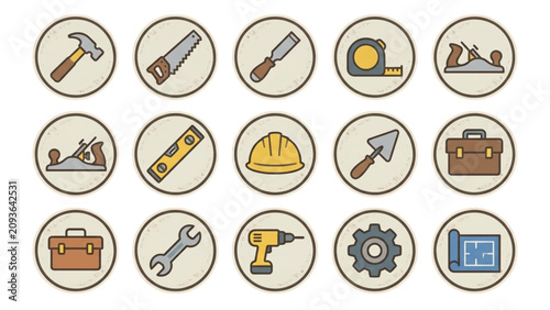 Carpentry Tool Icon Set with Construction Equipment and Builder Symbols