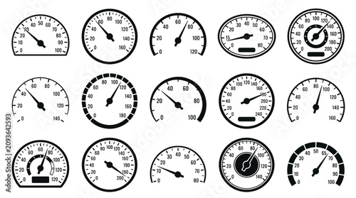 Foto Automotive speedometer icon set, 15 black car dashboard gauge vectors, minimalis