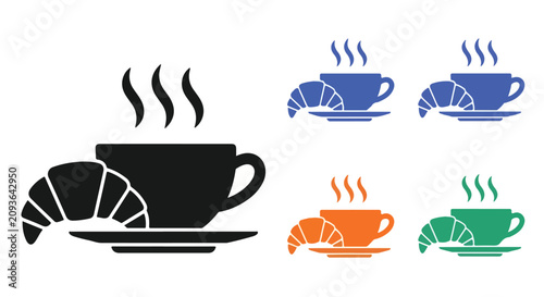 Assorted coffee cups with croissant pastries creating a colorful breakfast scene with steam.