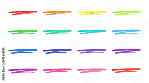 Quadro su tela Hand drawn marker underlines set, colorful felt tip pen strokes and highlighter