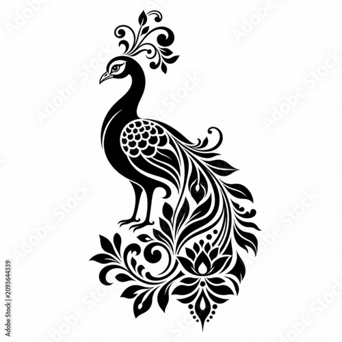 Ornate Peacock Illustration: An elegant peacock is depicted in a decorative, stylized illustration, featuring intricate floral patterns and swirling motifs, highlighting its majestic beauty.