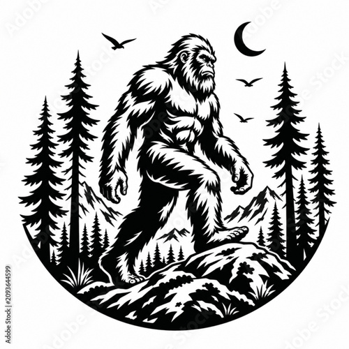 Bigfoot in the Wilderness: A mythical Bigfoot creature strides across a rocky terrain, surrounded by a dense forest and towering pine trees, under a crescent moon and a few soaring birds.