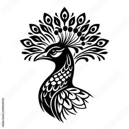 Peacock Crest Vector: A stylized, monochrome vector illustration of a peacock's head and elaborate crest, showcasing intricate patterns and elegant lines.