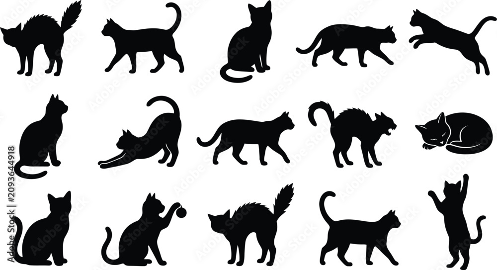 Fototapeta premium Black cat silhouettes in various poses
