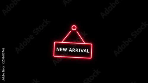 Konstfotografi Red neon hanging sign with the text new arrival glowing against a dark black bac