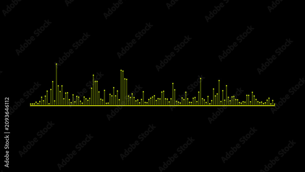 Fototapeta premium A yellow digital audio frequency waveform visualizer with vertical bars isolated on a solid black background, for music media player