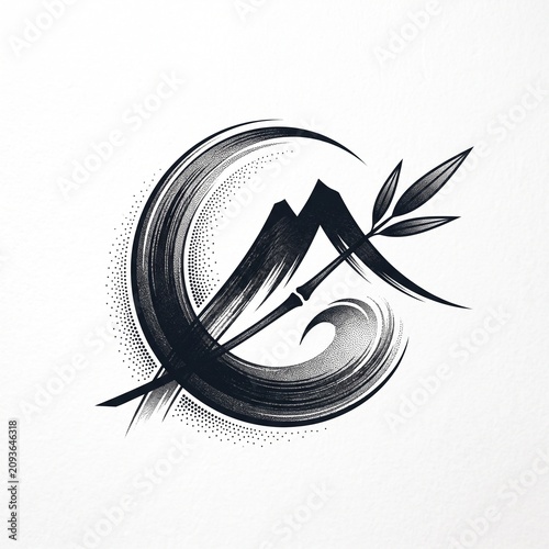 Minimalist calligraphic zen mountain and bamboo brush stroke logo illustration in black ink on white background for spa and wellness