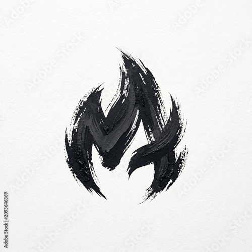 Abstract black ink brush stroke flame icon on white background with artistic letter M stylized shape and hand painted aesthetic