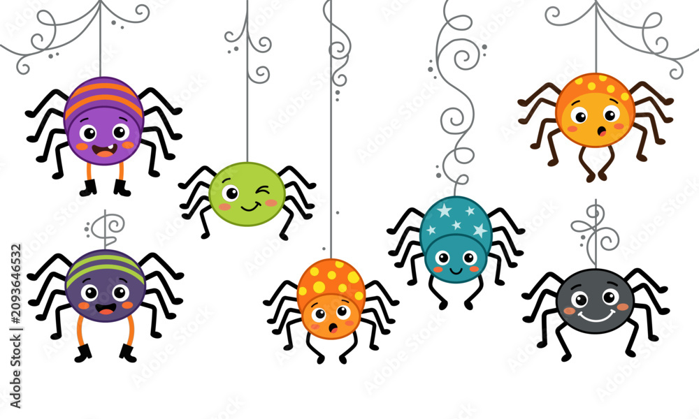 Obraz premium Cute Halloween Hanging Spider Cartoon Vector Set
