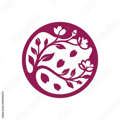 Magenta Circular Floral Ornament with Stylized Vines and Blossoms for Nature Logo Design