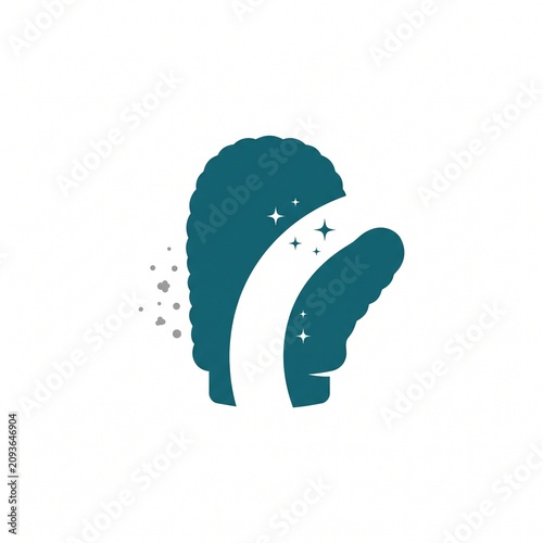 Minimalist graphic icon of a scrubbing mitt with sparkling clean highlights, representing spotless hygiene, efficient household cleaning, and fresh home care