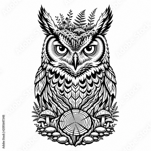 Majestic Forest Guardian Owl: A powerful owl, adorned with ferns and fungi atop its head, sits stoically on a tree stump, embodying the wisdom and mystery of the deep woods.