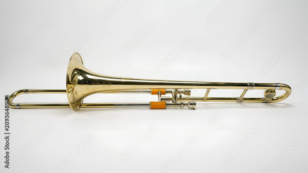 Obraz premium Golden Brass Trumpet Isolated on White and Black Backgrounds, Vintage Musical Instrument with Shiny Metal Horn, Antique 3D Object Symbolizing Success and Security