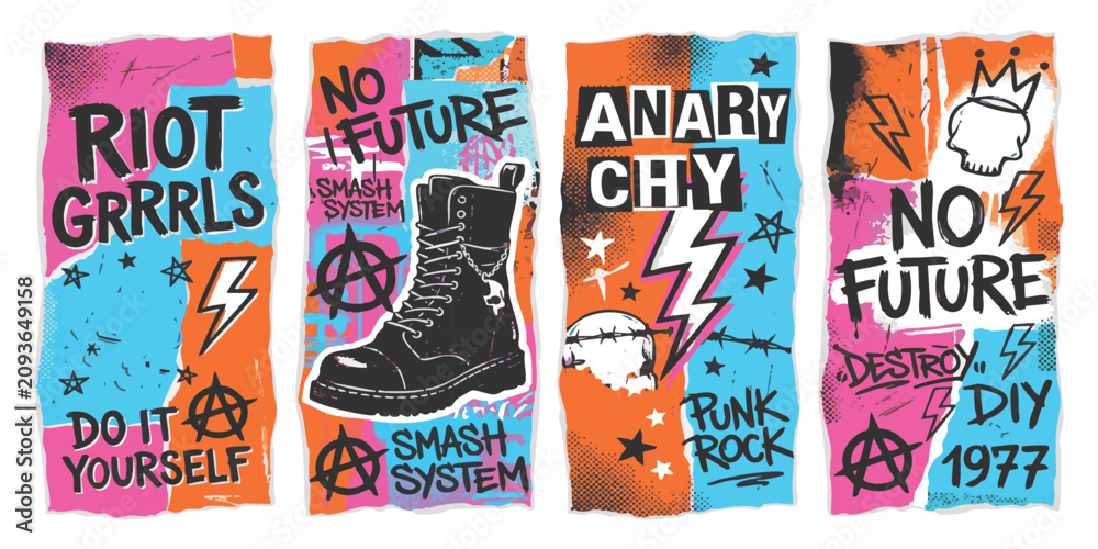 Obraz premium Set of punk rock posters with boots skulls and graffiti slogans for vintage rebellion and music event design