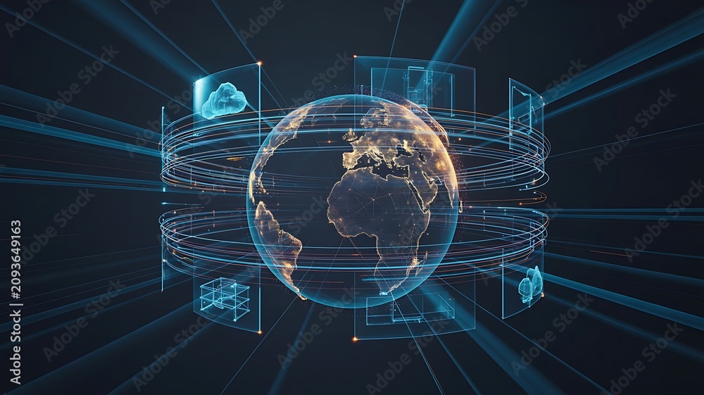 Fototapeta premium Modern digital network globe surrounded by futuristic data visualization elements