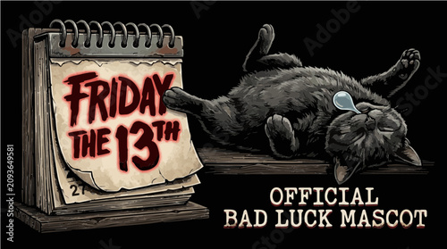 Friday the 13th Calendar with Sleeping Black Cat Official Bad Luck Mascot Vector Illustration