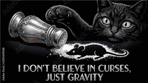 I Don't Believe In Curses Just Gravity Funny Black Cat Spilling Salt Shaker Mouse Silhouette Graphic