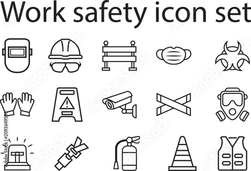 Work safety icon set. line art vector design. helmet, mask, cc camera, warning sign etc line art design