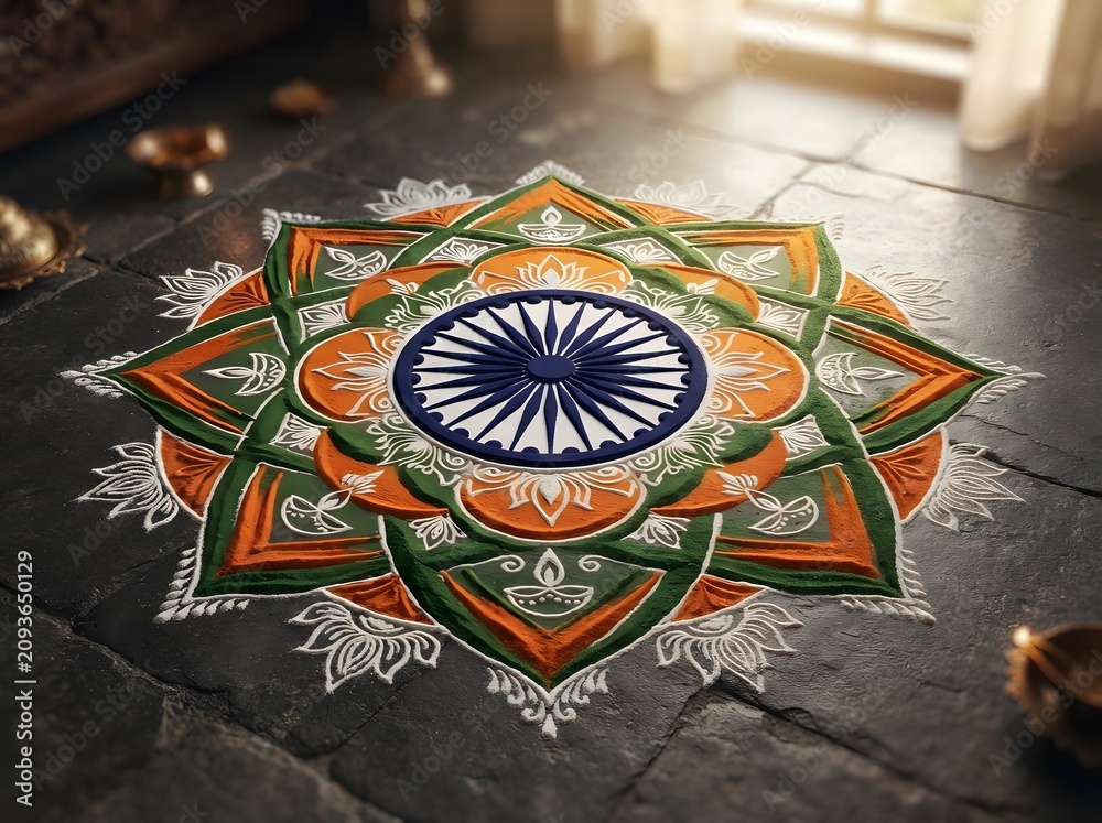 Obraz premium Colorful indian rangoli design with ashok chakra symbol on the floor