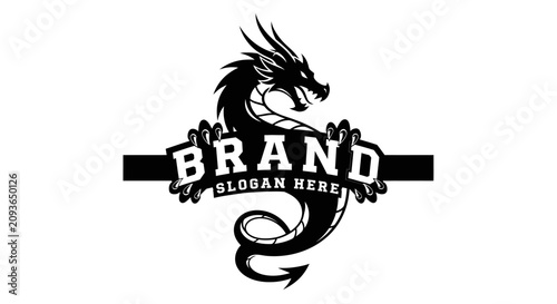 Fotografie Black and white logo featuring a fierce dragon entwined with a banner displaying
