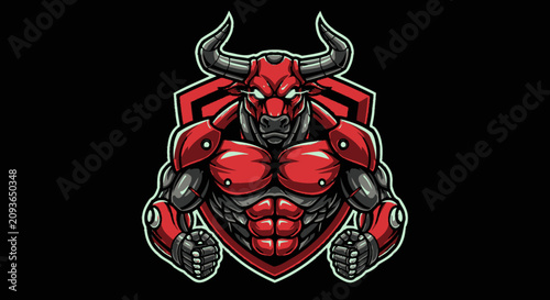 Bild auf Leinwand Fierce red and black muscular humanoid bull warrior with armor