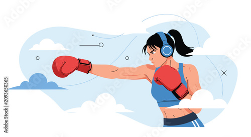 Athletic young woman with a high ponytail wearing boxing gloves and blue headphones, practicing punch outdoors.