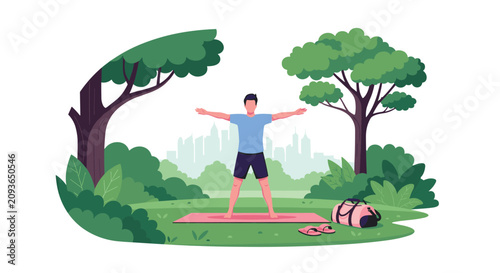 Active man doing stretching exercises on a yoga mat in a green park with the city skyline in the background.