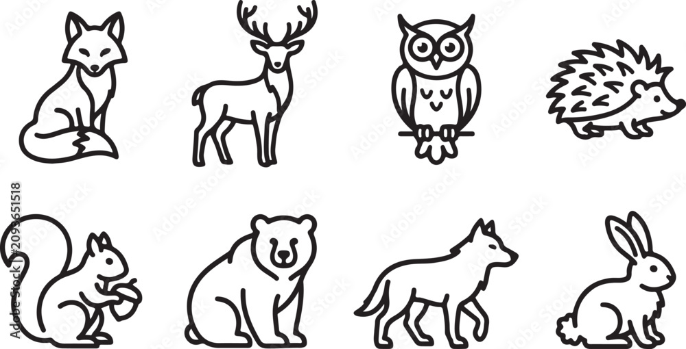 Fototapeta premium Eight sitting forest animals vector icons