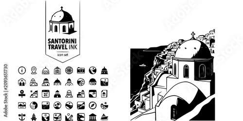 Santorini Greece Travel Ink Black White-Dome Cliff Village Aegean Sea-Greek Island Vector-Santorini Icon Ink-Travel Poster Design Set