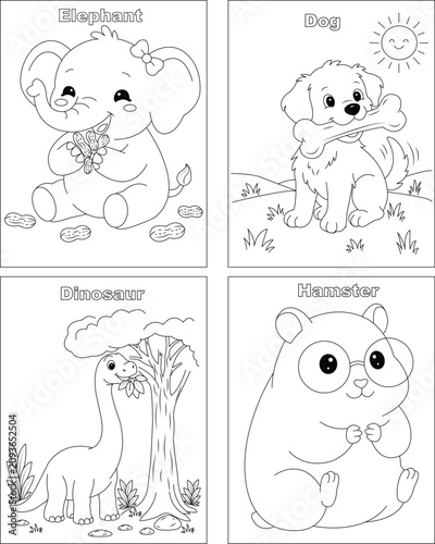 Very Cute Animals Coloring page for kids .4 in one Vector Coloring page package