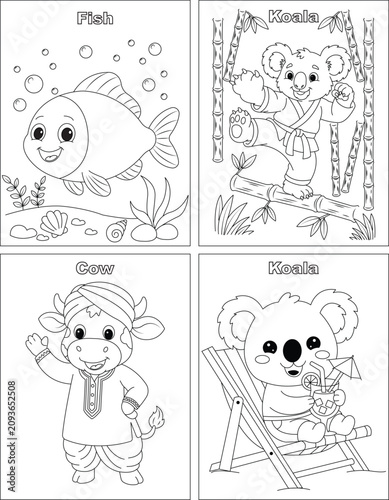 Very Cute Animals Coloring page for kids .4 in one Vector Coloring page package