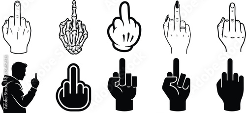 Obraz na plátně Middle Finger Hand Gesture Vector Icon Set with Outline and Silhouette Illustrat