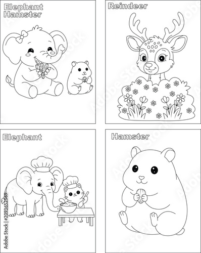 Very Cute Animals Coloring page for kids .4 in one Vector Coloring page package