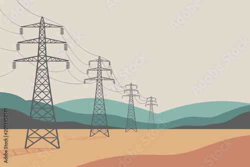 Row of high voltage electricity transmission towers standing across a vast desert mountain landscape, industry concept
