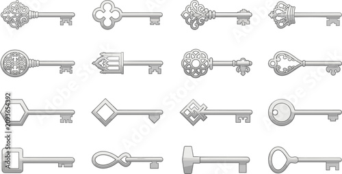 Vintage silver skeleton key vector icon set featuring ornate medieval gothic royal crown geometric and minimalist metallic designs isolated on white background