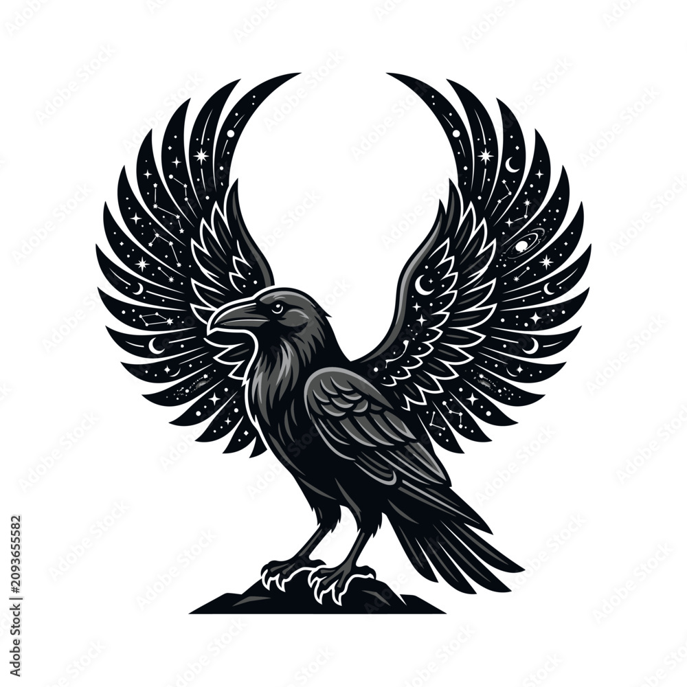 Fototapeta premium Black raven bird with starry wings.