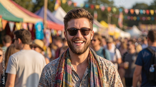 Smiling young man enjoying vibrant summer festival celebration with colorful outdoor lifestyle and joyful atmosphere