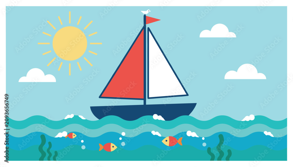 Naklejka premium Simple vector illustration shows a blue sailboat with red and white sails gliding on ocean waves under a bright sun.
