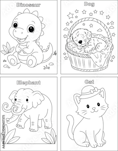 Very Cute Animals Coloring page for kids .4 in one Vector Coloring page package