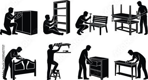 Bild auf Leinwand Vector silhouette collection of carpenters assembling repairing and building woo