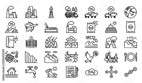 Tableau sur toile Global warming and greenhouse effect outline icons | Carbon emissions deforestat