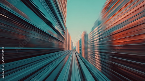 A dynamic, abstract perspective of city skyscrapers with motion blur, creating a futuristic, fast-moving urban visual effect.